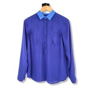 LOFT Womens Long Sleeve Contrast Collar Utility Blouse Cobalt‎ Blue Small